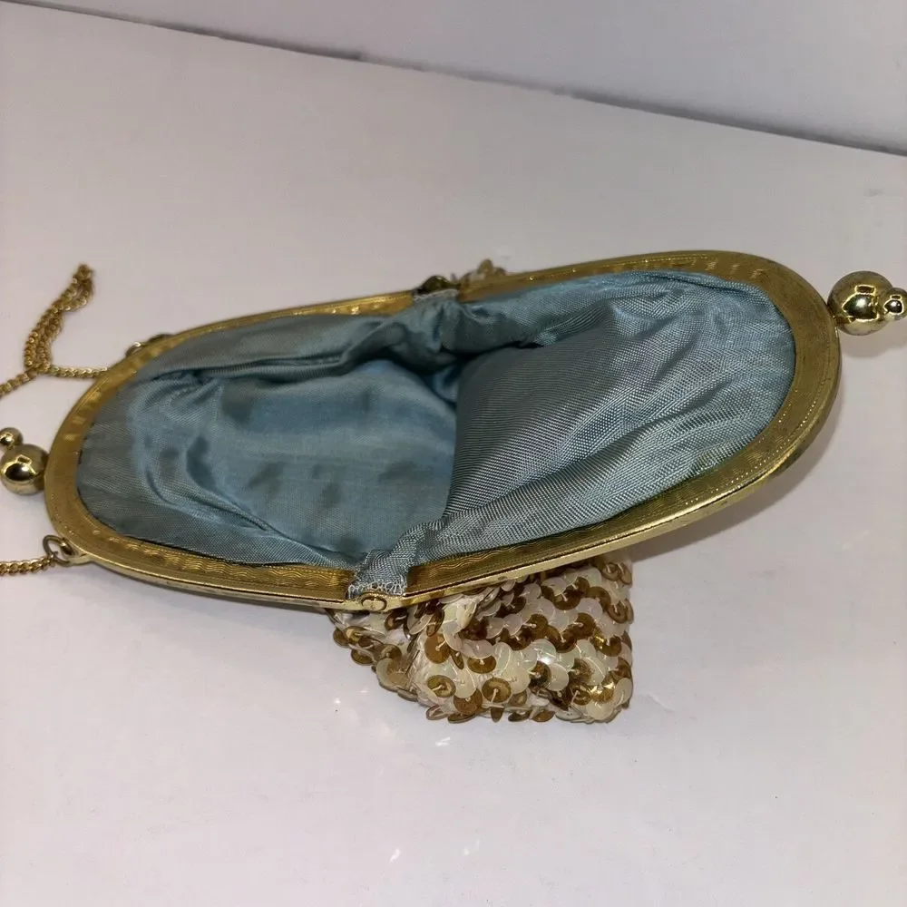 Vintage 1950s Sequin Evening Bag Gold-Iridescent White Metal‎ Frame Purse